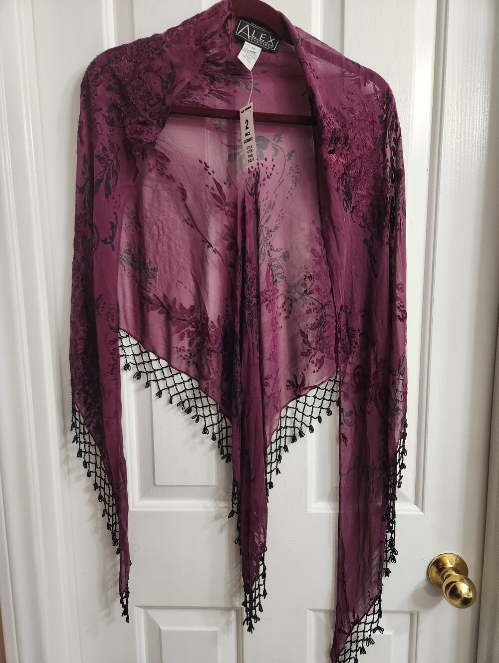 Alex Evenings Sheer Burgundy Wine Burnout Floral Triangular Shawl Wrap Fringe